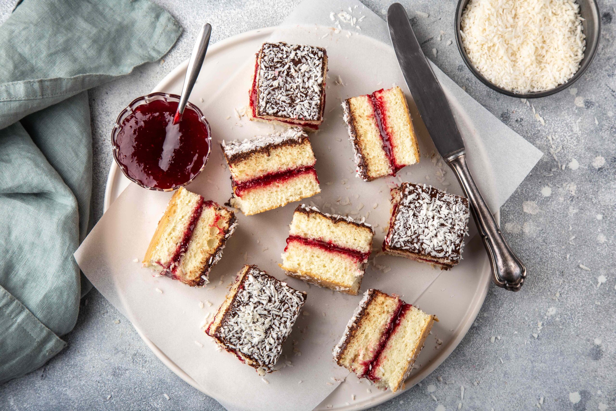 Australian,Lamington,Cake,With,Raspberry,Jam,,Top,View