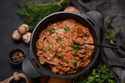 Beef,Stroganoff,With,Cremini,And,Champignons,On,A,Frying,Pan.