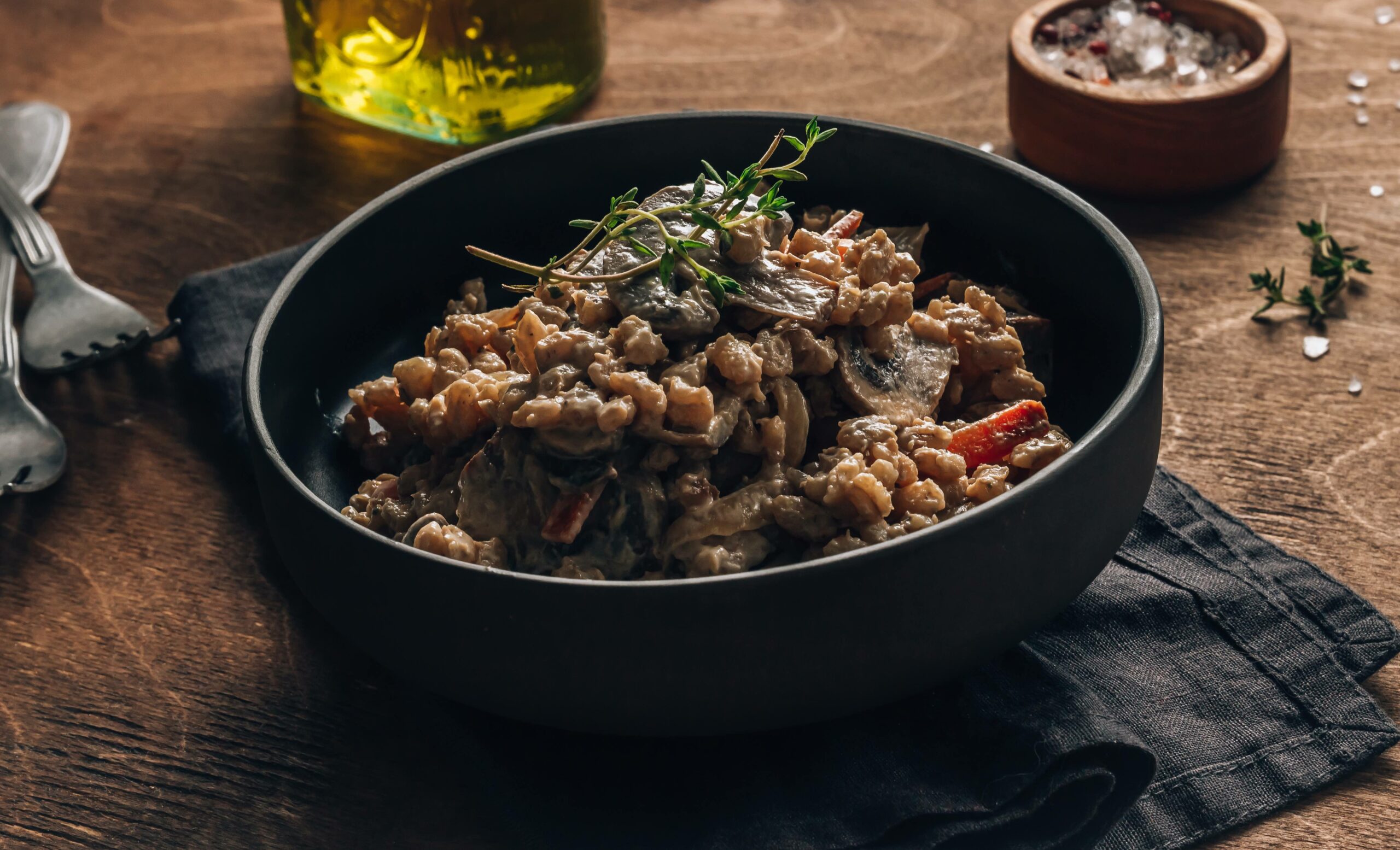 Homemade,Creamy,Vegan,Risotto,Or,Orzotto,With,Barley,,Mushrooms,And