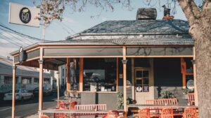 Relaxing garden courtyard at Cafe GO Geelong, now open on Sundays for family brunch.